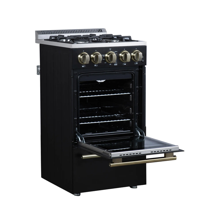 Forno Lamazze 20-Inch Freestanding Gas Range in Black with Antique Brass Trim (FFSGS6265-20BLK)