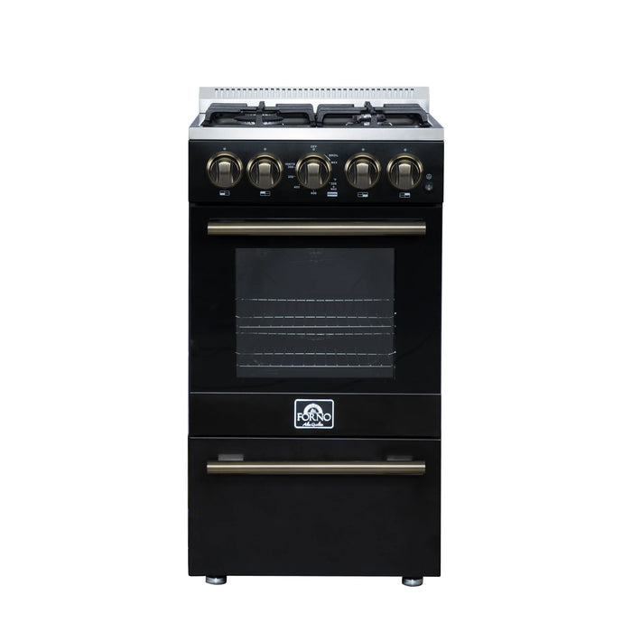 Forno Lamazze 20-Inch Freestanding Gas Range in Black with Antique Brass Trim (FFSGS6265-20BLK)