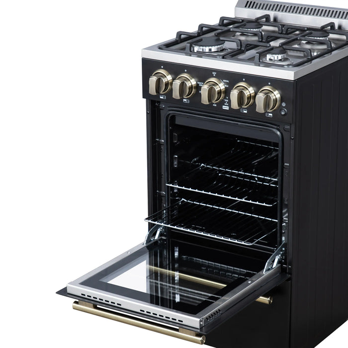 Forno Lamazze 20-Inch Freestanding Gas Range in Black with Antique Brass Trim (FFSGS6265-20BLK)