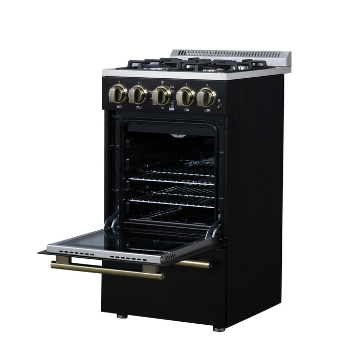 Forno Lamazze 20-Inch Freestanding Gas Range in Black with Antique Brass Trim (FFSGS6265-20BLK)