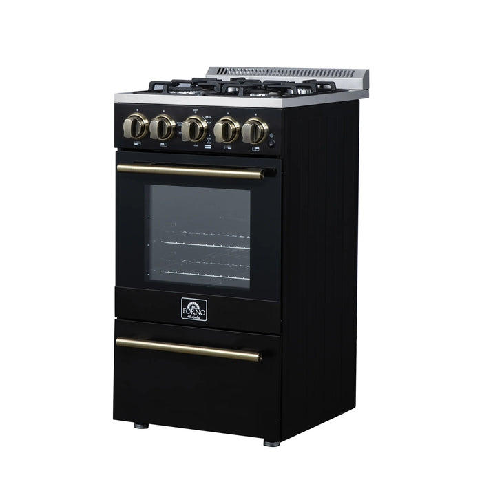 Forno Lamazze 20-Inch Freestanding Gas Range in Black with Antique Brass Trim (FFSGS6265-20BLK)