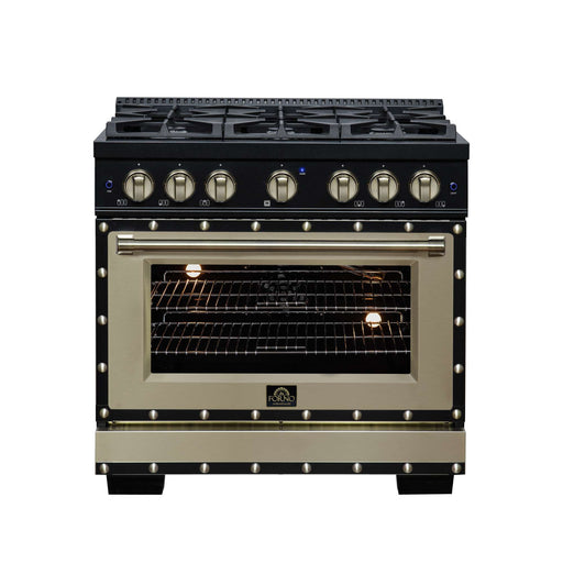 Forno Ambassador 36-inch gas range in black front view with oven light on