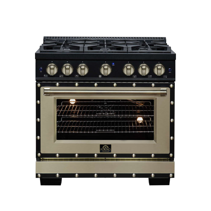 Forno Ambassador 36-inch gas range in black front view with oven light on