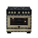 Forno Ambassador 36-inch gas range in black front view with oven light on