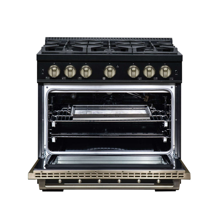 Forno Ambassador 36-inch gas range in black front view with the door open
