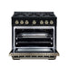 Forno Ambassador 36-inch gas range in black front view with the door open