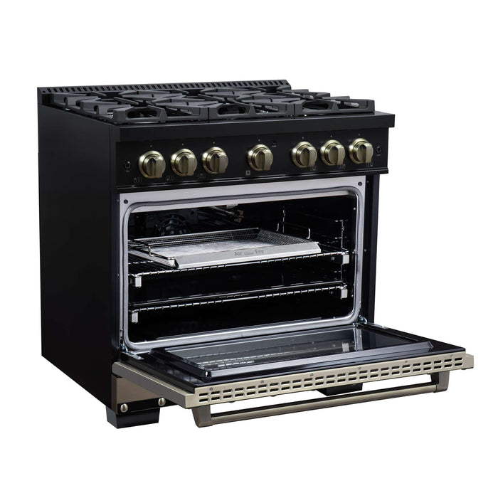 Forno Ambassador 36-inch gas range in black left angled view with the door open