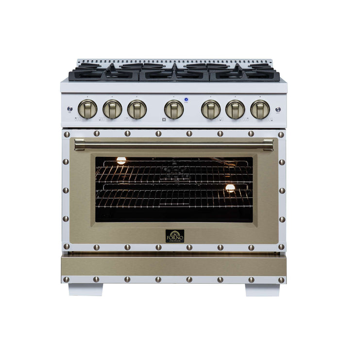 Forno Ambassador 36-inch gas range in white front view with oven light on