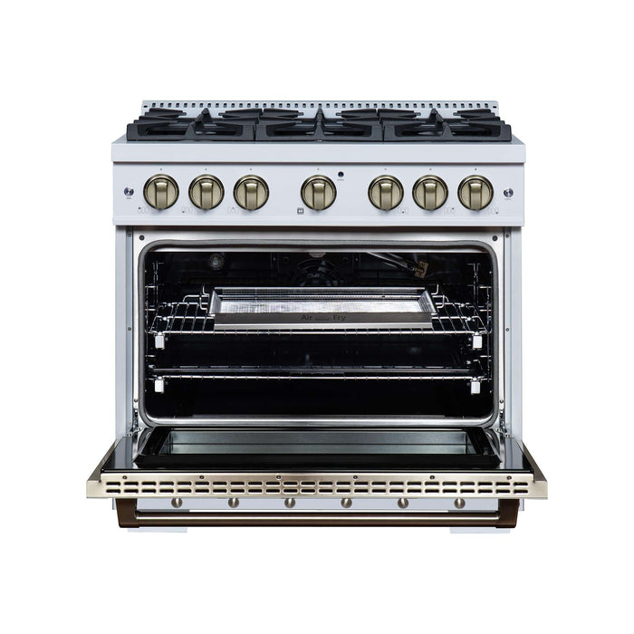 Forno Ambassador 36-inch gas range in white front view with the door open