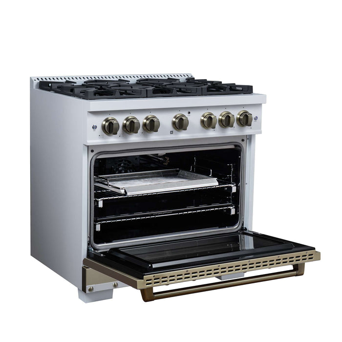 Forno Ambassador 36-inch gas range in white left angled view with the door open