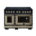 Forno Ambassador 48-inch gas range in black front view with oven lights on