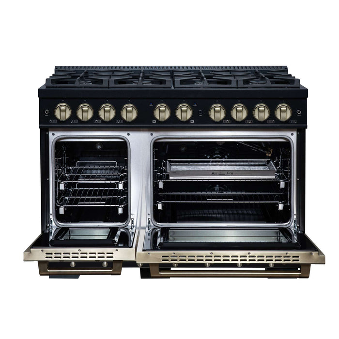 Forno Ambassador 48-inch gas range in black front view with the door open