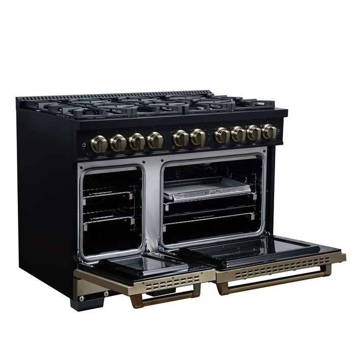 Forno Ambassador 48-inch gas range in black left angled view with the door open
