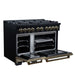 Forno Ambassador 48-inch gas range in black left angled view with the door open