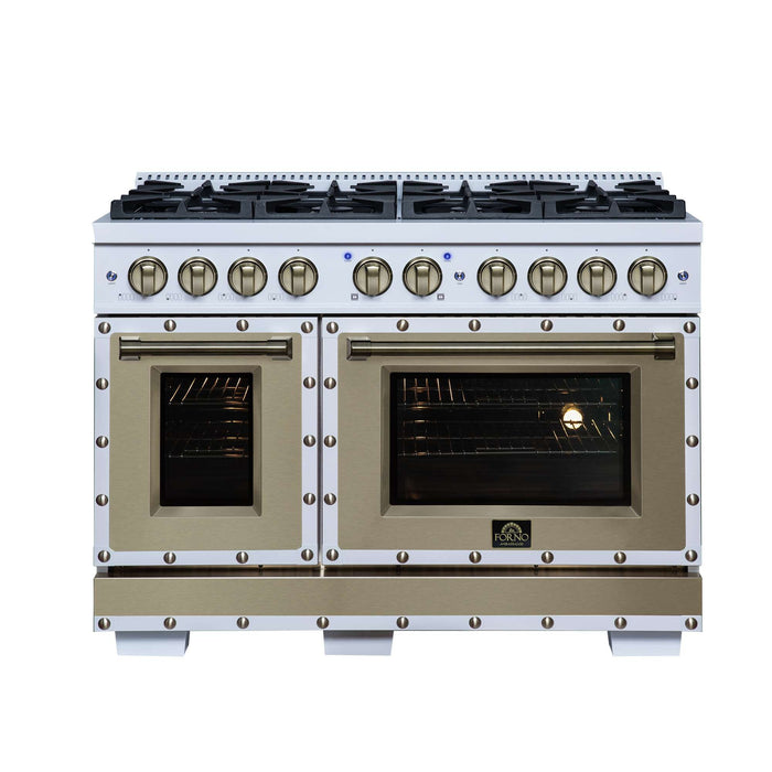 Forno Ambassador 48-inch gas range in white front view with oven lights on