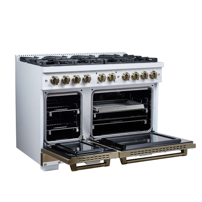 Forno Ambassador 48-inch gas range in white left angled view with the door open