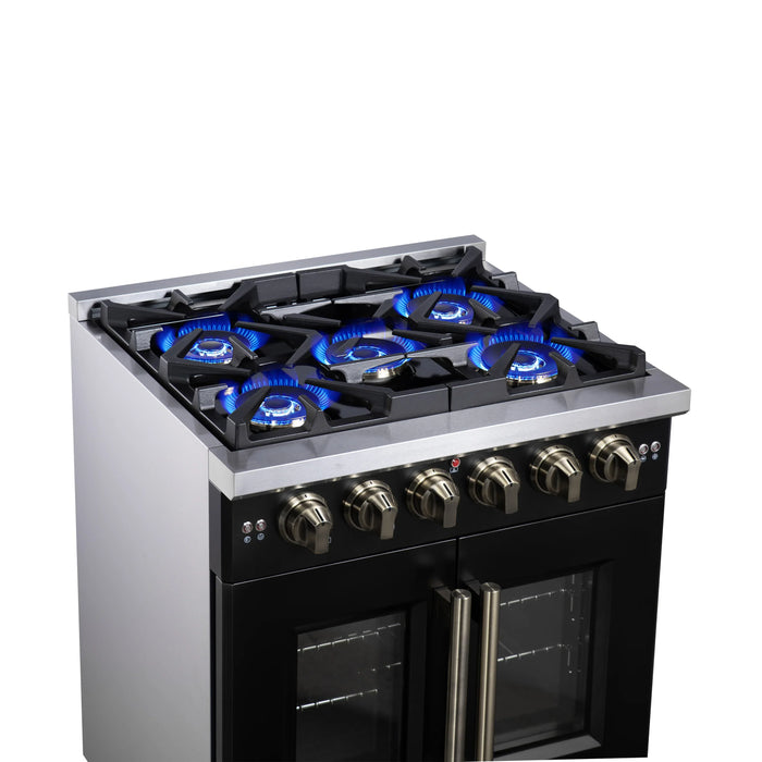 Forno Capriasca 30-Inch Freestanding French Door Gas Range with 4 Burners and 4.32 Cu.Ft. Convection Oven in Black with Antique Brass Handle (FFSGS6460-30BLK)