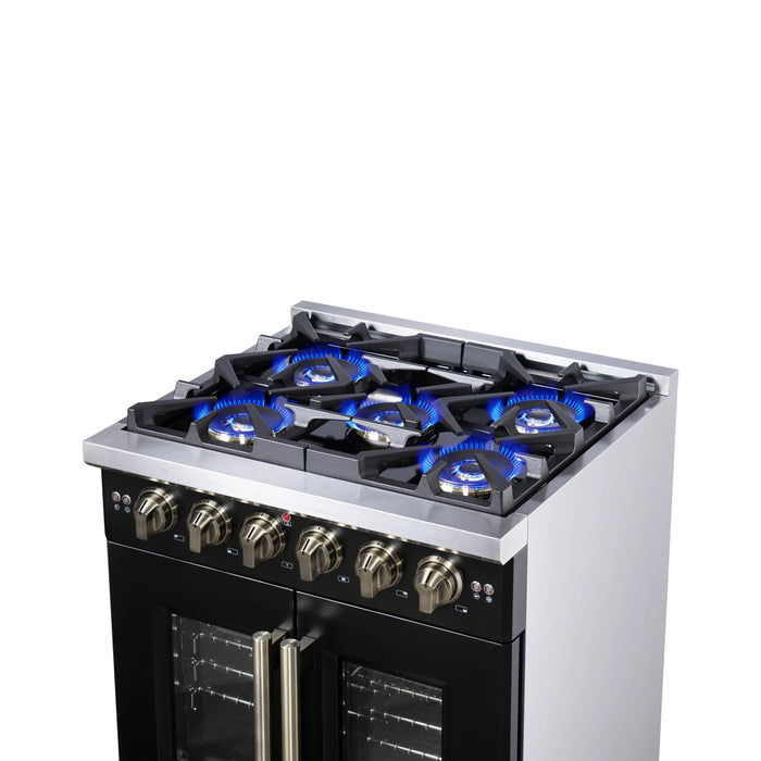 Forno Capriasca 30-Inch Freestanding French Door Gas Range with 4 Burners and 4.32 Cu.Ft. Convection Oven in Black with Antique Brass Handle (FFSGS6460-30BLK)