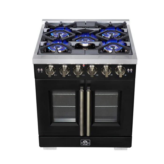 Forno Capriasca 30-Inch Freestanding French Door Gas Range with 4 Burners and 4.32 Cu.Ft. Convection Oven in Black with Antique Brass Handle (FFSGS6460-30BLK)