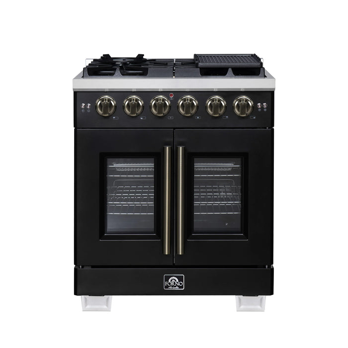 Forno Capriasca 30-Inch Freestanding French Door Gas Range with 4 Burners and 4.32 Cu.Ft. Convection Oven in Black with Antique Brass Handle (FFSGS6460-30BLK)