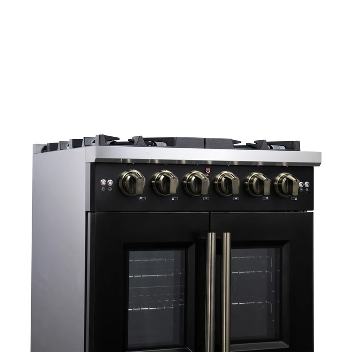 Forno Capriasca 30-Inch Freestanding French Door Gas Range with 4 Burners and 4.32 Cu.Ft. Convection Oven in Black with Antique Brass Handle (FFSGS6460-30BLK)