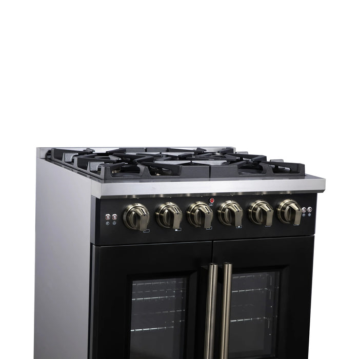 Forno Capriasca 30-Inch Freestanding French Door Gas Range with 4 Burners and 4.32 Cu.Ft. Convection Oven in Black with Antique Brass Handle (FFSGS6460-30BLK)