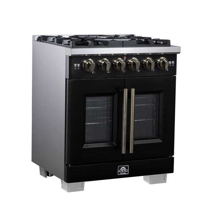 Forno Capriasca 30-Inch Freestanding French Door Gas Range with 4 Burners and 4.32 Cu.Ft. Convection Oven in Black with Antique Brass Handle (FFSGS6460-30BLK)