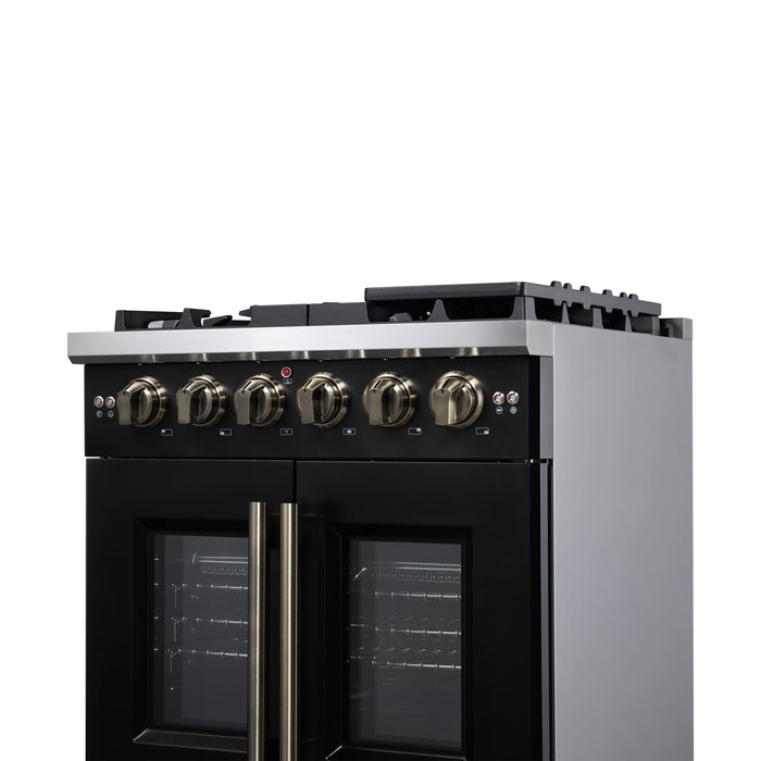 Forno Capriasca 30-Inch Freestanding French Door Gas Range with 4 Burners and 4.32 Cu.Ft. Convection Oven in Black with Antique Brass Handle (FFSGS6460-30BLK)