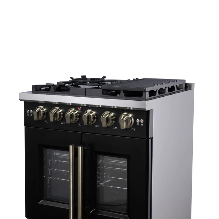 Forno Capriasca 30-Inch Freestanding French Door Gas Range with 4 Burners and 4.32 Cu.Ft. Convection Oven in Black with Antique Brass Handle (FFSGS6460-30BLK)