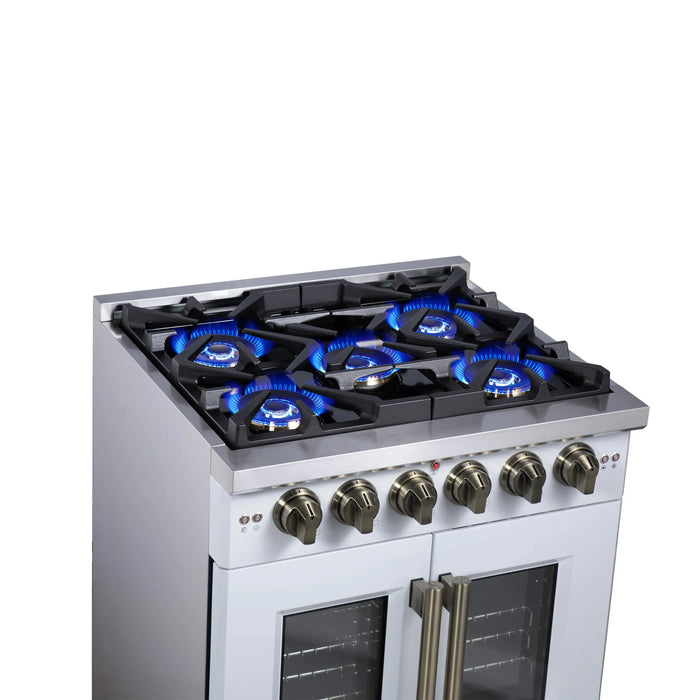 Forno Capriasca 30-Inch Freestanding French Door Gas Range with 4 Burners and 4.32 Cu.Ft. Convection Oven in White with Antique Brass Handle (FFSGS6460-30WHT)