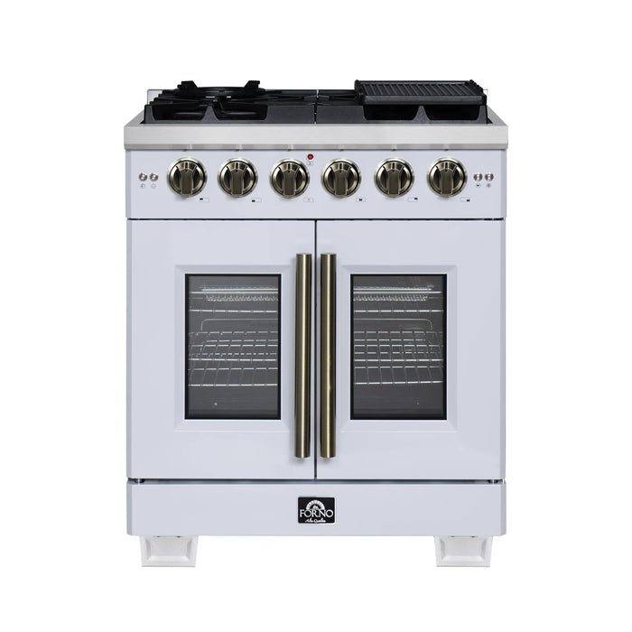 Forno Capriasca 30-Inch Freestanding French Door Gas Range with 4 Burners and 4.32 Cu.Ft. Convection Oven in White with Antique Brass Handle (FFSGS6460-30WHT)