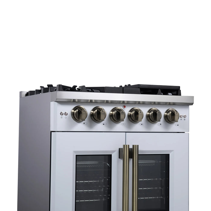 Forno Capriasca 30-Inch Freestanding French Door Gas Range with 4 Burners and 4.32 Cu.Ft. Convection Oven in White with Antique Brass Handle (FFSGS6460-30WHT)