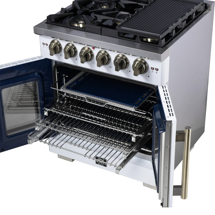 Forno Capriasca 30-Inch Freestanding French Door Gas Range with 4 Burners and 4.32 Cu.Ft. Convection Oven in White with Antique Brass Handle (FFSGS6460-30WHT)