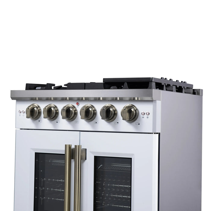 Forno Capriasca 30-Inch Freestanding French Door Gas Range with 4 Burners and 4.32 Cu.Ft. Convection Oven in White with Antique Brass Handle (FFSGS6460-30WHT)