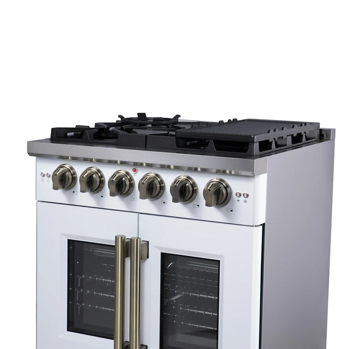 Forno Capriasca 30-Inch Freestanding French Door Gas Range with 4 Burners and 4.32 Cu.Ft. Convection Oven in White with Antique Brass Handle (FFSGS6460-30WHT)