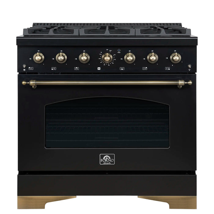 Forno Antico 36-inch Gas Range with 6 Gas Burner Cooktop and 4.5 Cu.Ft. Gas Convection Oven in Black with Antique Brass Trim (FFSGS6219-36BLK)