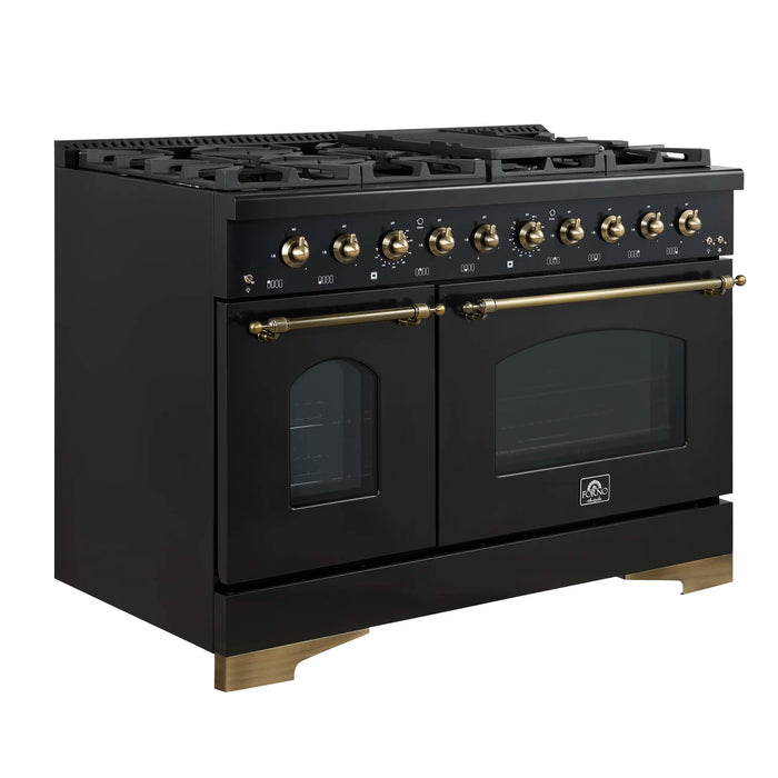 Forno Antico 48-inch Dual Fuel Range with 8 Gas Burner Cooktop and 5.5 Cu.Ft. Electric Convection Oven in Black with Antique Brass Trim (FFSGS6113-48BLK)
