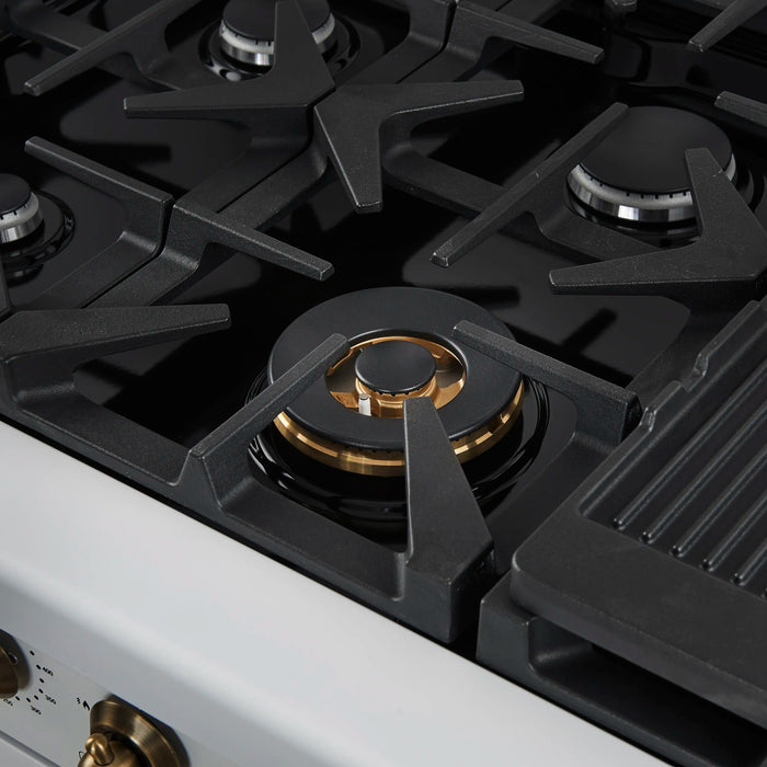 Forno Antico 48-inch Gas Range with 8 Gas Burner Cooktop and 5.5 Cu.Ft. Gas Convection Oven in White with Antique Brass Trim (FFSGS6219-48WHT)