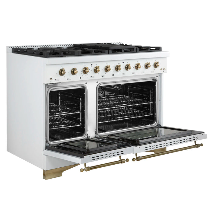 Forno Antico 48-inch Dual Fuel Range with 8 Gas Burner Cooktop and 5.5 Cu.Ft. Electric Convection Oven in White with Antique Brass Trim (FFSGS6113-48WHT)