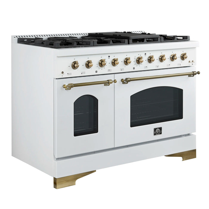 Forno Antico 48-inch Dual Fuel Range with 8 Gas Burner Cooktop and 5.5 Cu.Ft. Electric Convection Oven in White with Antique Brass Trim (FFSGS6113-48WHT)