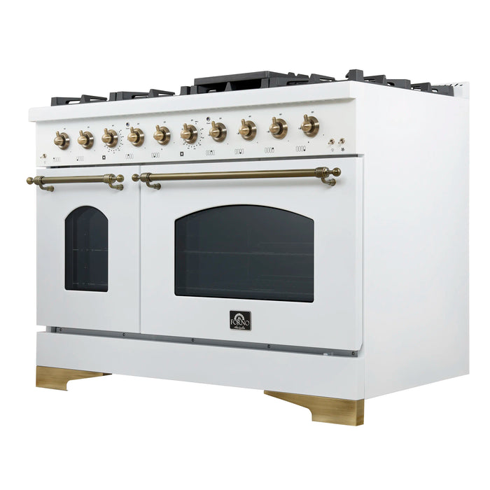 Forno Antico 48-inch Gas Range with 8 Gas Burner Cooktop and 5.5 Cu.Ft. Gas Convection Oven in White with Antique Brass Trim (FFSGS6219-48WHT)