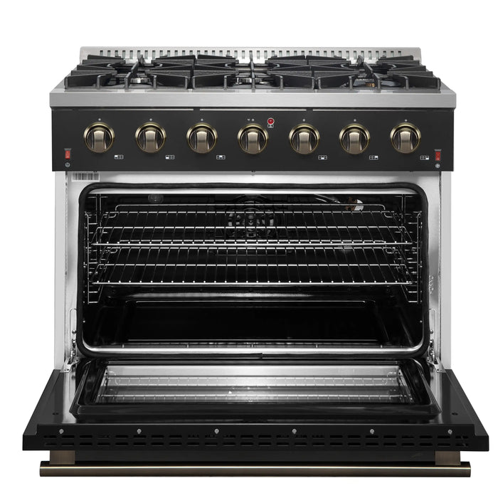 Forno Galiano 36-Inch Gas Range with 6 Burners and 5.36 Cu.Ft. Convection Oven in Black with Antique Brass Trim (FFSGS6244-36BLK)