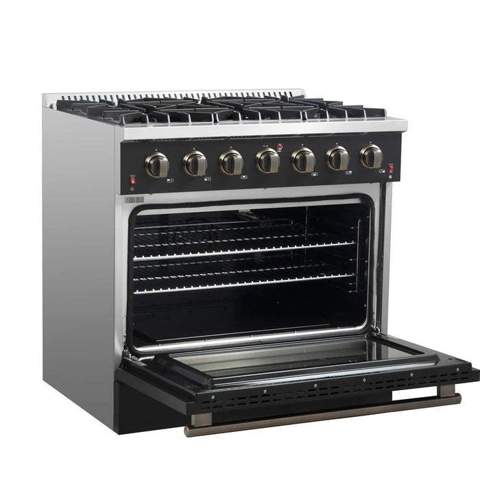 Forno Galiano 36-Inch Gas Range with 6 Burners and 5.36 Cu.Ft. Convection Oven in Black with Antique Brass Trim (FFSGS6244-36BLK)