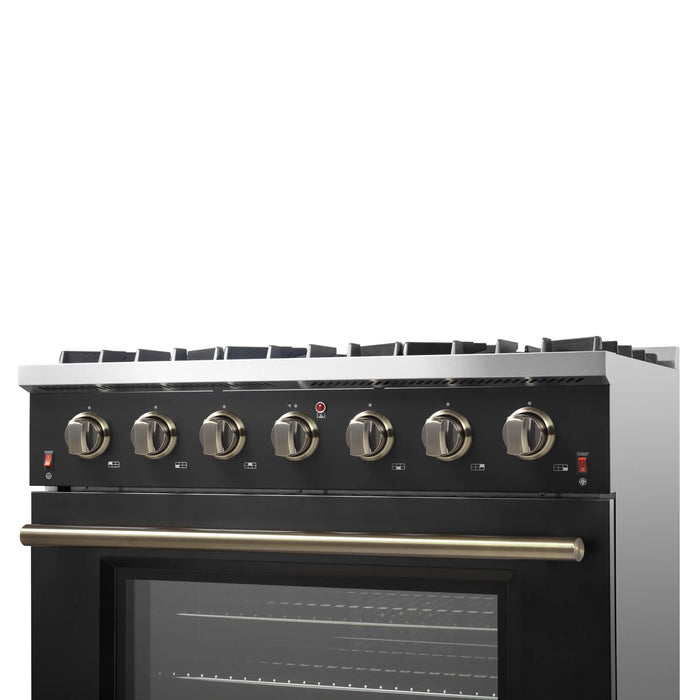 Forno Galiano 36-Inch Gas Range with 6 Burners and 5.36 Cu.Ft. Convection Oven in Black with Antique Brass Trim (FFSGS6244-36BLK)