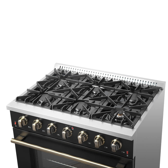 Forno Galiano 36-Inch Gas Range with 6 Burners and 5.36 Cu.Ft. Convection Oven in Black with Antique Brass Trim (FFSGS6244-36BLK)
