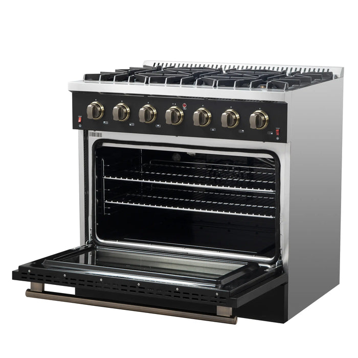 Forno Galiano 36-Inch Gas Range with 6 Burners and 5.36 Cu.Ft. Convection Oven in Black with Antique Brass Trim (FFSGS6244-36BLK)
