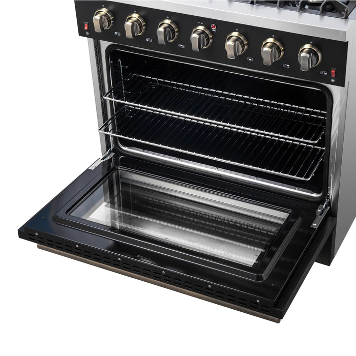 Forno Galiano 36-Inch Gas Range with 6 Burners and 5.36 Cu.Ft. Convection Oven in Black with Antique Brass Trim (FFSGS6244-36BLK)