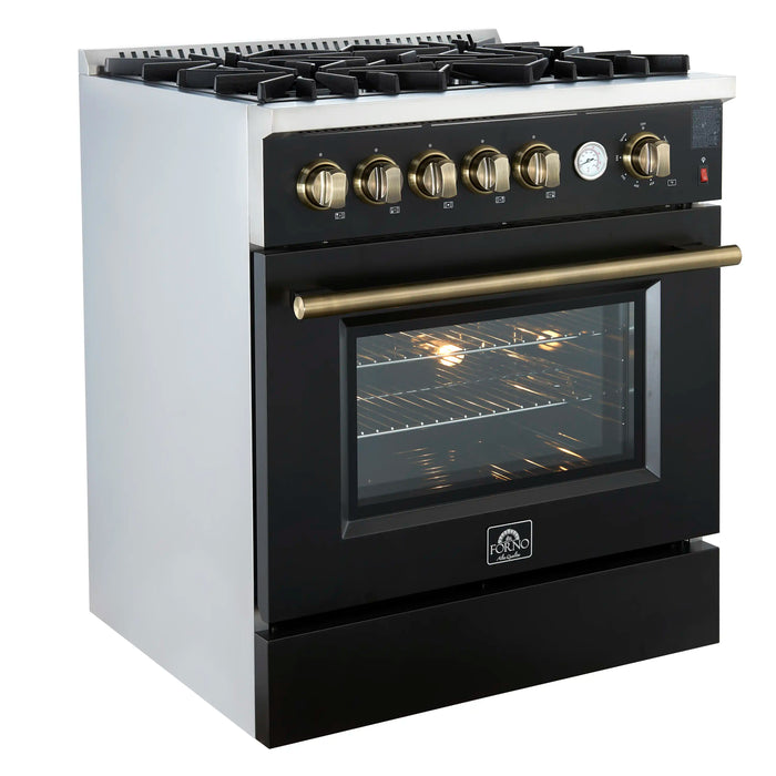 Forno Giovanni 30-Inch Gas Range with 5 Burners and 4.32 Cu.Ft. Convection Gas Oven with Temperature Gauge in Black with Antique Brass Trim (FFSGS6274-30BLK)
