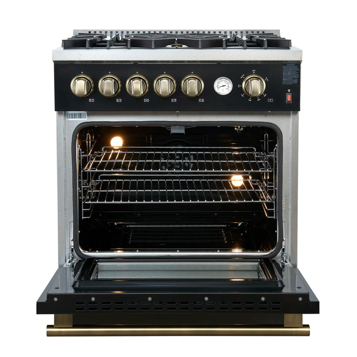 Forno Giovanni 30-Inch Gas Range with 5 Burners and 4.32 Cu.Ft. Convection Gas Oven with Temperature Gauge in Black with Antique Brass Trim (FFSGS6274-30BLK)