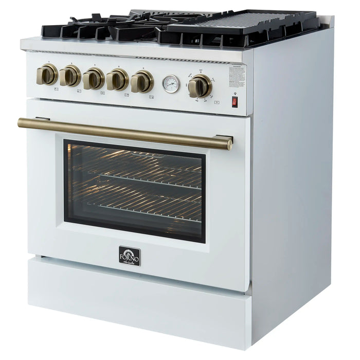 Forno Giovanni 30-Inch Gas Range with 5 Burners and 4.32 Cu.Ft. Convection Gas Oven with Temperature Gauge in White with Antique Brass Trim (FFSGS6274-30WHT)